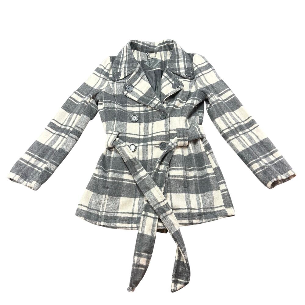 JOUJOU Women's / Junior's Plaid Button Up Belted Coat Jacket Size S White Gray‎